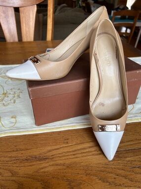 Coach Two-Tone Pointed Toe Pumps in Beige and White